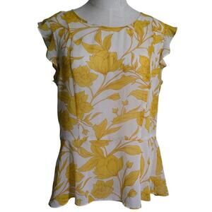 Cabi Floral Blouse Womens M Yellow White Sheer Flutter Sleeve Peplum Top